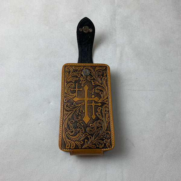 #WS344D 7" COWBOY PRAYER CROSS TAN BROWN  LEATHER POUCH EXTRA LARGE  BELT LOOP HOLSTER CELL PHONE CASE UNIVERSAL OVERSIZE--FREE SHIPPING