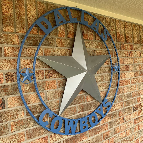 DALLAS COWBOYS SILVER & LIGHT BLUE BARN STAR CUSTOM VINTAGE METAL LONE STAR ART WESTERN HOME DECOR SIZE:24",32",36",40",42",44",46",50"