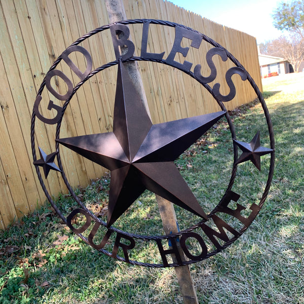 #EH11021 GOD BLESS OUR HOME BARN METAL STAR TWISTED ROPE RING WESTERN HOME DECOR HANDMADE NEW