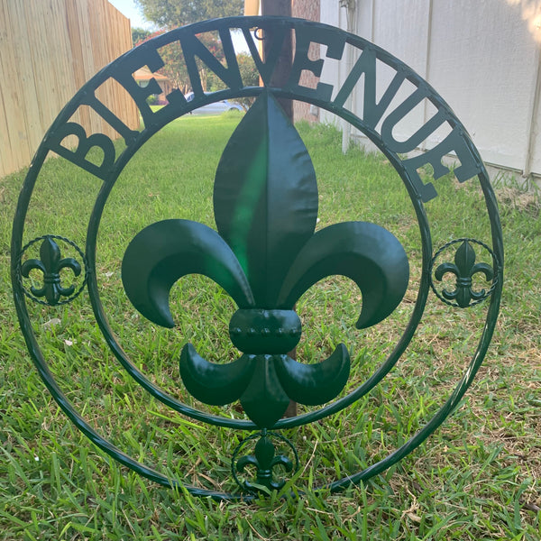 24", 32" GLOSSY HUNTER GREEN FLEUR DE LIS BIENVENUE METAL WALL ART WESTERN HOME DECOR