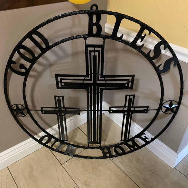 40"GOD BLESS OUR HOME CRUCIFIX CROSS METAL WALL ART BLACK HANDMADE NEW