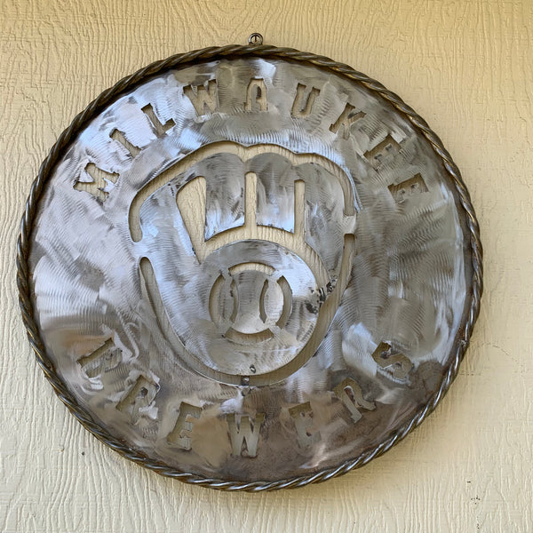 24" MILWAUKEE BREWERS RAW METAL WIDE BAND DISC STYLE CUSTOM METAL VINTAGE CRAFT TEAM SIGN HANDMADE