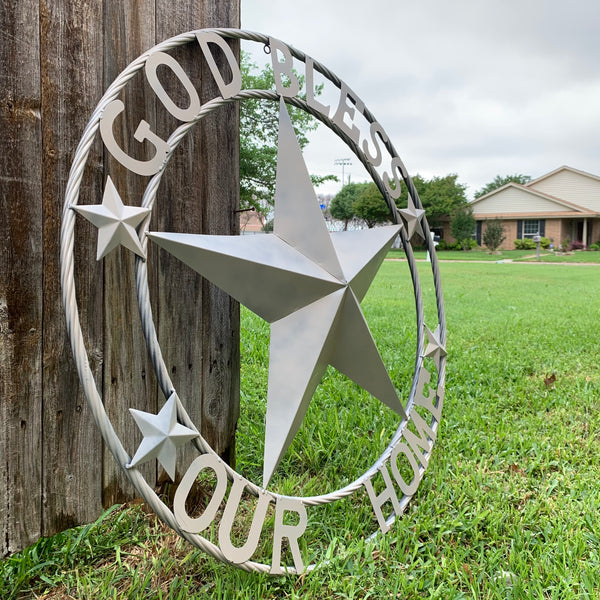 36" GOD BLESS OUR HOME RUSTIC BEIGE BARN METAL STAR ROPE RING WALL ART WESTERN HOME DECOR--FREE SHIPPING