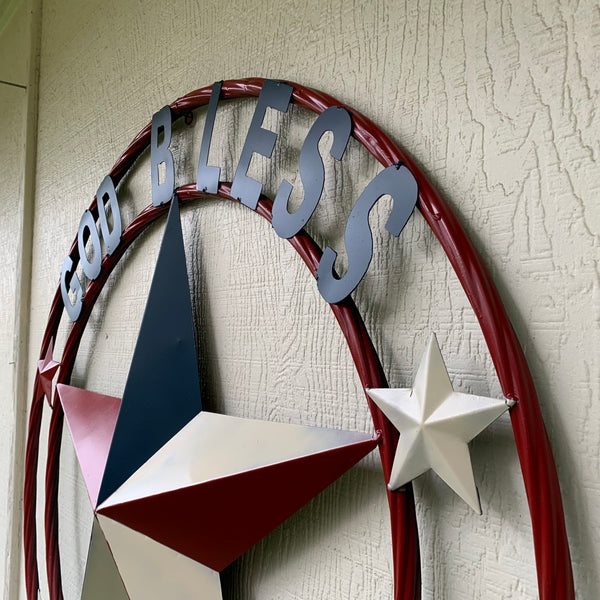 #EH10489 GOD BLESS AMERICA USA FLAG BARN STAR METAL RED WHITE BLUE WESTER HOME DECOR HANDMADE NEW