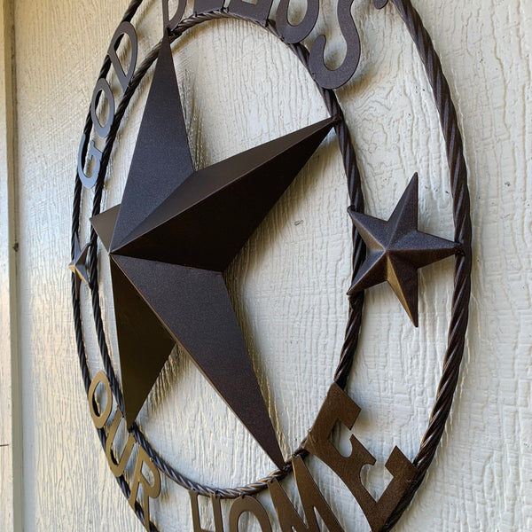#EH11021 GOD BLESS OUR HOME BARN METAL STAR TWISTED ROPE RING WESTERN HOME DECOR HANDMADE NEW