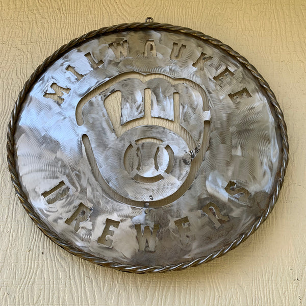 24" MILWAUKEE BREWERS RAW METAL WIDE BAND DISC STYLE CUSTOM METAL VINTAGE CRAFT TEAM SIGN HANDMADE