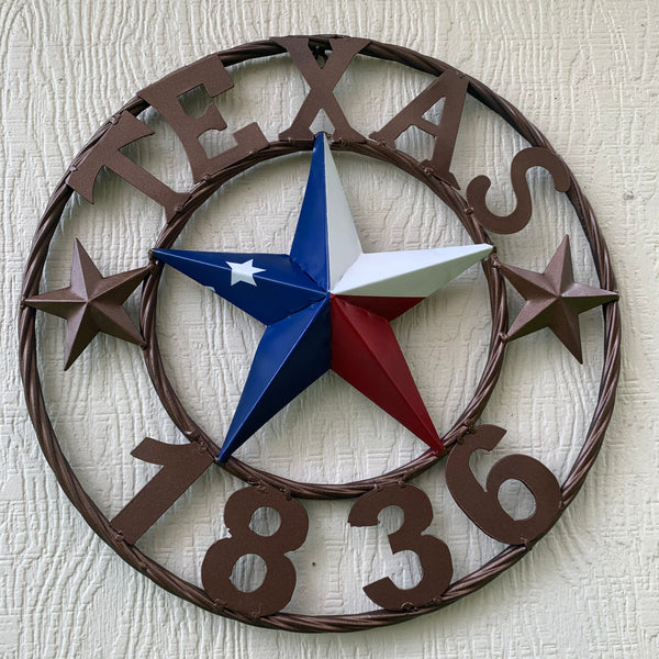 16" TEXAS 1836 RED WHITE BLUE TEXAS FLAG STAR BRONZE RING METAL BARN STAR WESTERN HOME DECOR HANDMADE NEW ART