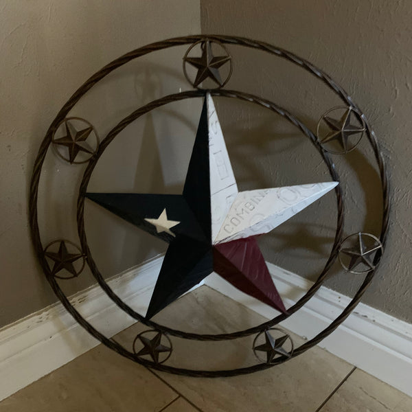 24" LICENSE PLATE MULTI STAR RED WHITE BLUE METAL BARN STAR WESTERN HOME DECOR NEW
