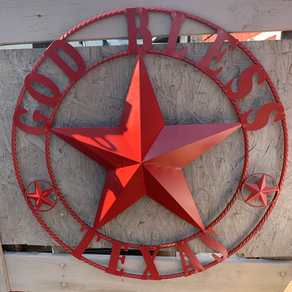 24",32",40",50" BURGUNDY RED GOD BLESS TEXAS BARN STAR ROPE RING METAL WALL ART WESTERN HOME DECOR NEW