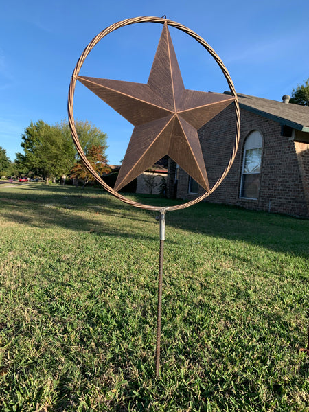 12",16",24" DOUBLE STAR ON STAKE METAL BRONZE COPPER BARN STAR WITH TWISTED ROPE RING CRAFT WESTERN HOME DECOR RUSTIC DECOR