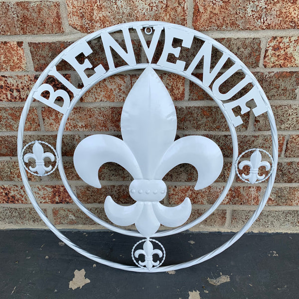 24", 32" GLOSS WHITE FLEUR DE LIS BIENVENUE METAL WALL ART WESTERN HOME DECOR