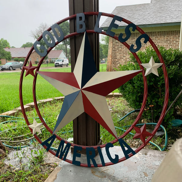 #EH10489 GOD BLESS AMERICA USA FLAG BARN STAR METAL RED WHITE BLUE WESTER HOME DECOR HANDMADE NEW