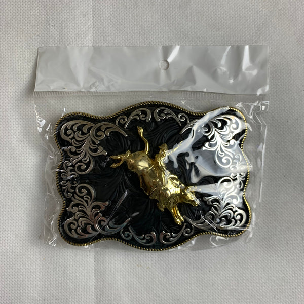 4.5" X 3.5" RODEO BELT BUCKLE BLACK SILVER & GOLD WESTERN BUCKLE FASHION ART NEW #EH12269