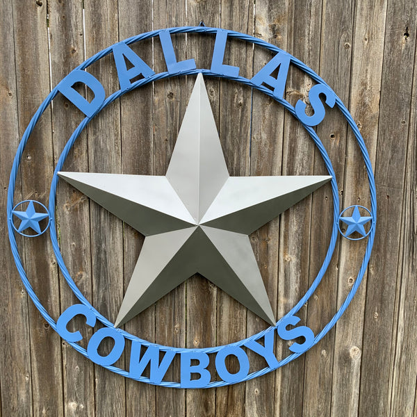 DALLAS COWBOYS SILVER & LIGHT BLUE BARN STAR CUSTOM VINTAGE METAL LONE STAR ART WESTERN HOME DECOR SIZE:24",32",36",40",42",44",46",50"