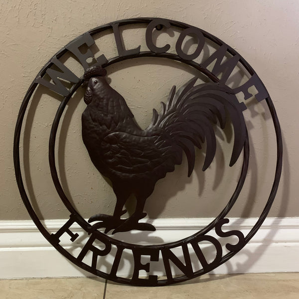 24" WELCOME FRIENDS ROOSTER WESTERN METAL ANIMAL ART HOME WALL ART RUSTIC BROWN COLOR