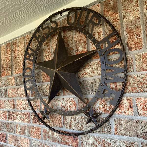 24" GOD BLESS OUR HOME BEADED BARN STAR WITH TWISTED ROPE RING DESIGN METAL WALL ART WESTERN HOME DECOR VINTAGE RUSTIC DARK BRONZE COPPER NEW