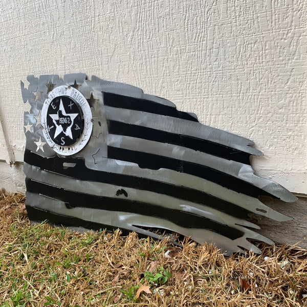 TEXAS HIGHWAY PATROL TATTERED FLAG WITH BADGE# CUSTOM METAL VINTAGE CRAFT ART WESTERN HOME DECOR