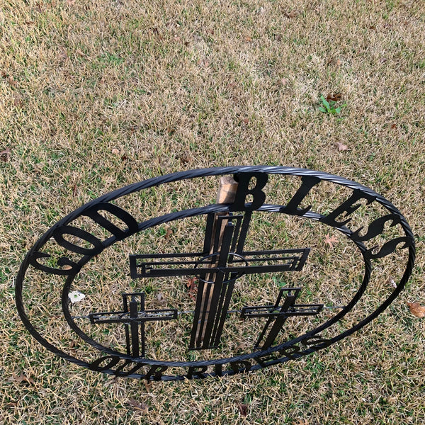 40"GOD BLESS OUR RIDERS CRUCIFIX BLACK CROSS METAL WALL ART HANDMADE