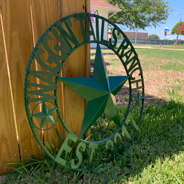 WAGGIN TAIL RANCH STYLE CUSTOM FAMILY NAME STAR METAL BARN STAR ROPE RING WESTERN HOME DECOR VINTAGE RUSTIC HUNTER GREEN HANDMADE 24",32",34",36",40",42",44",46",50"