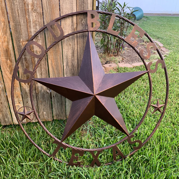 #EH10197 GOD BLESS TEXAS BARN STAR METAL LONESTAR TWISTED ROPE RING WESTERN HOME DECOR HANDMADE NEW