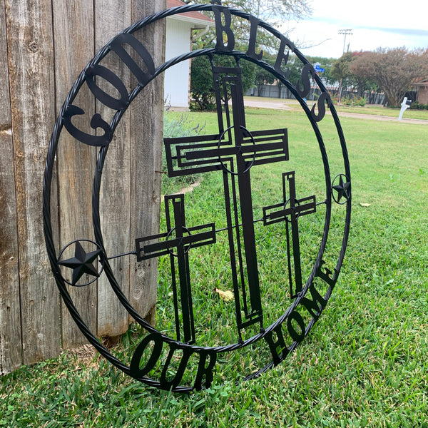 40"GOD BLESS OUR HOME CRUCIFIX CROSS METAL WALL ART BLACK HANDMADE NEW