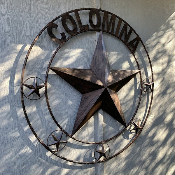 COLOMINA STYLE YOUR CUSTOM NAME BARN STAR BRONZE BRUSH COPPER METAL STAR 3d TWISTED ROPE RING COLOMINA WESTERN HOME DECOR RUSTIC VINTAGE HANDMADE 24",32",36",40",42",44",46",50"