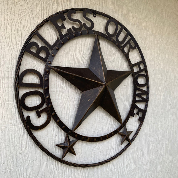 24" GOD BLESS OUR HOME BEADED BARN STAR WITH TWISTED ROPE RING DESIGN METAL WALL ART WESTERN HOME DECOR VINTAGE RUSTIC DARK BRONZE COPPER NEW