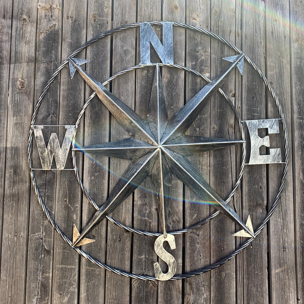 36" COMPASS GREY METAL ART WESTERN METAL ART HOME WALL DECOR RUSTIC GREY