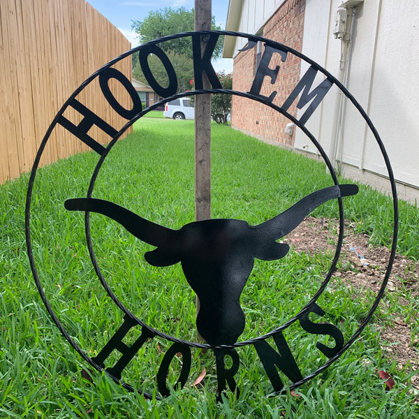 HOOKEM HORNS GLOSSY BLACK TEXAS LONGHORNS HOOK EM METAL CUSTOM VINTAGE CRAFT WALL ART TEAM SIGN HANDMADE