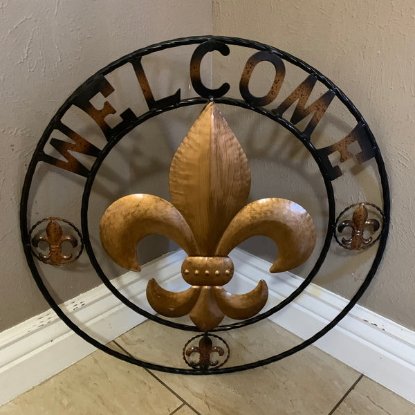 24", 32" WELCOME FLEUR DE LIS METAL WALL ART WESTERN HOME DECOR GOLD & BLACK