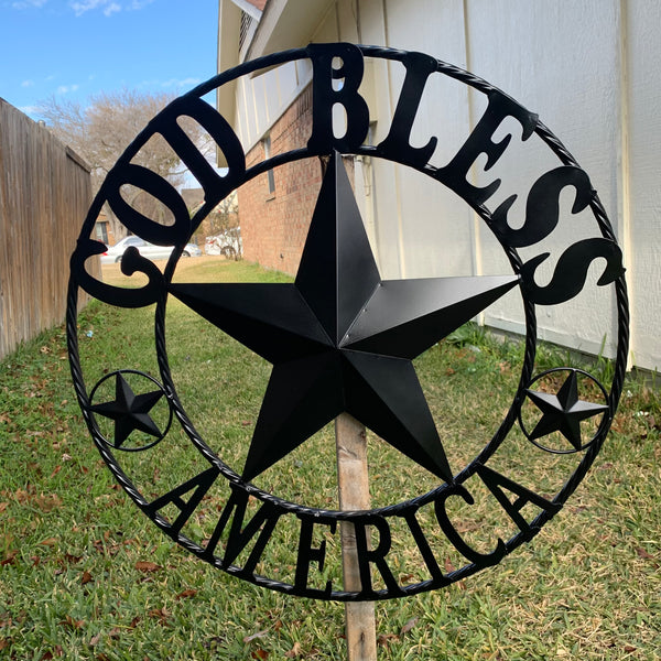 #EH10562 GOD BLESS AMERICA BLACK METAL BARN LONE STAR WESTERN HOME DECOR HANDMADE NEW