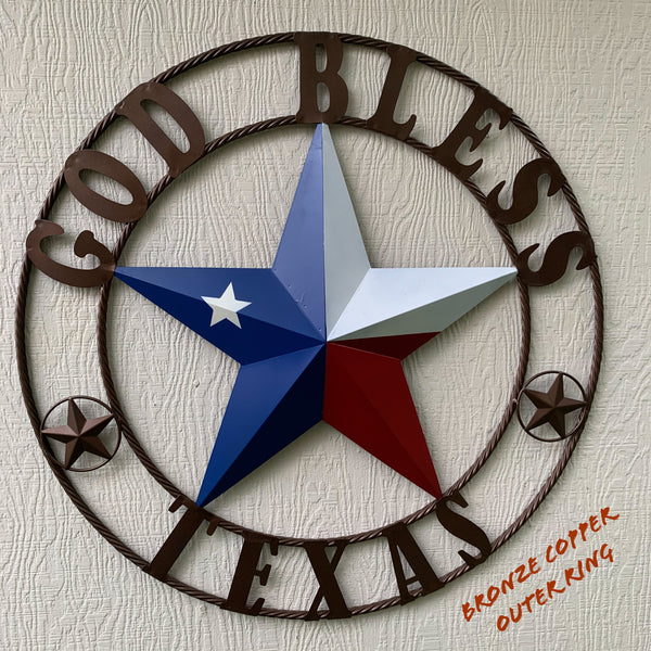 GOD BLESS TEXAS RED WHITE BLUE BARN METAL STAR BRONZE TWISTED ROPE RING WALL ART WESTERN HOME DECOR HANDMADE