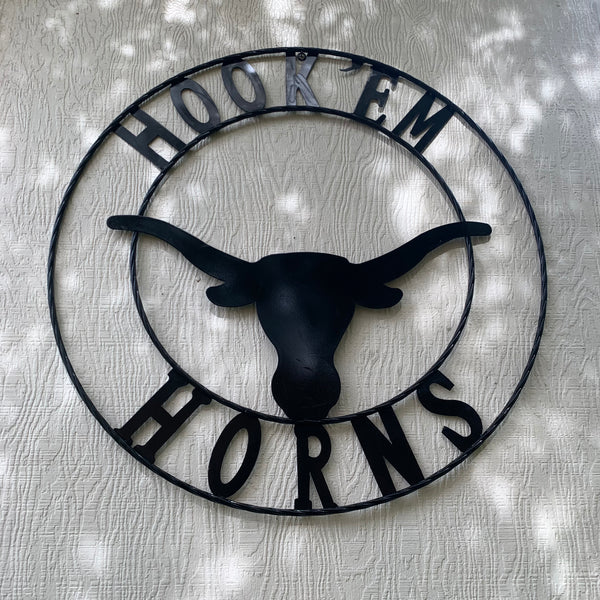 HOOKEM HORNS GLOSSY BLACK TEXAS LONGHORNS HOOK EM METAL CUSTOM VINTAGE CRAFT WALL ART TEAM SIGN HANDMADE