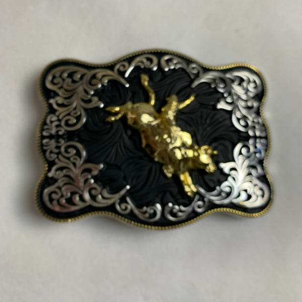 4.5" X 3.5" RODEO BELT BUCKLE BLACK SILVER & GOLD WESTERN BUCKLE FASHION ART NEW #EH12269