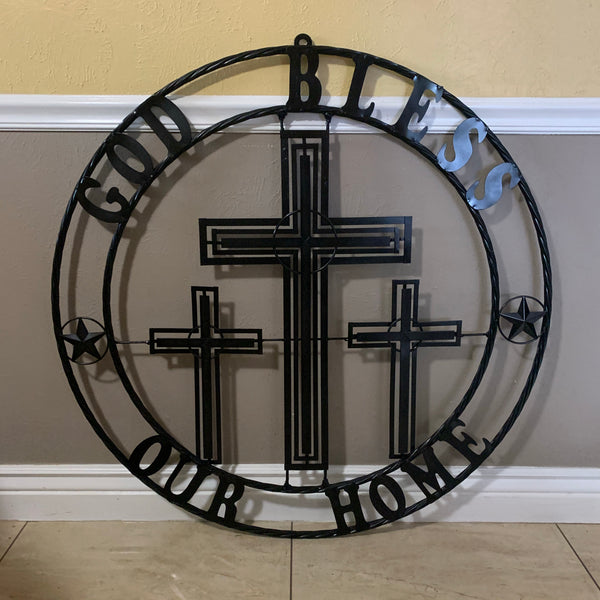 40"GOD BLESS OUR HOME CRUCIFIX CROSS METAL WALL ART BLACK HANDMADE NEW