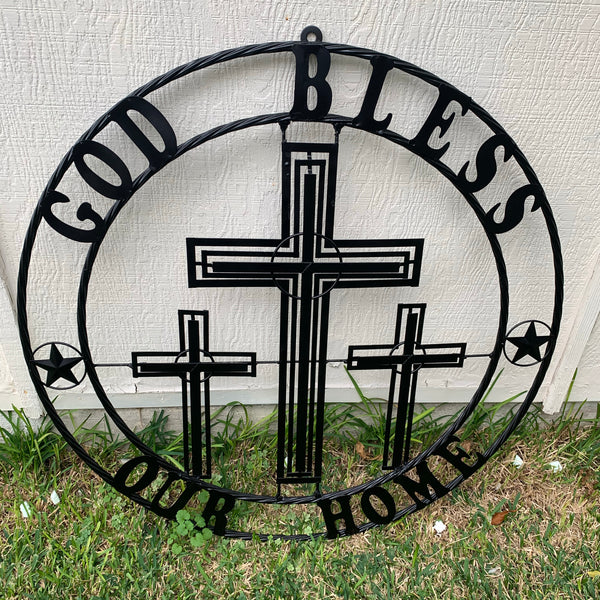 40"GOD BLESS OUR HOME CRUCIFIX CROSS METAL WALL ART BLACK HANDMADE NEW