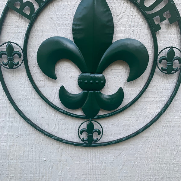 24", 32" GLOSSY HUNTER GREEN FLEUR DE LIS BIENVENUE METAL WALL ART WESTERN HOME DECOR