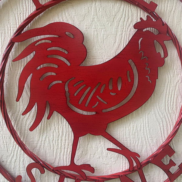 #SI_B9504 RISE & SHINE 24" RED ROOSTER CHICKEN METAL SIGN WESTERN HOME DECOR HANDMADE NEW