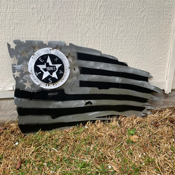 TEXAS HIGHWAY PATROL TATTERED FLAG WITH BADGE# CUSTOM METAL VINTAGE CRAFT ART WESTERN HOME DECOR