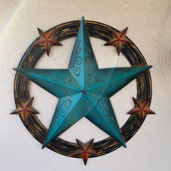 #RT5045 TURQUOISE CARVED CUT STAR 26",36", BARN METAL WESTERN HOME DECOR HANDMADE NEW