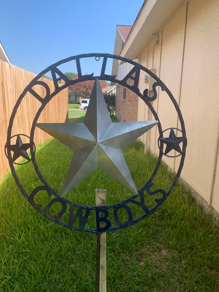 24" STAR & 34" STAKE DALLAS COWBOYS DECOR METAL ART WESTERN HOME WALL DECOR ALL SILVER & NAVY BLUE WITH 34" STAKE