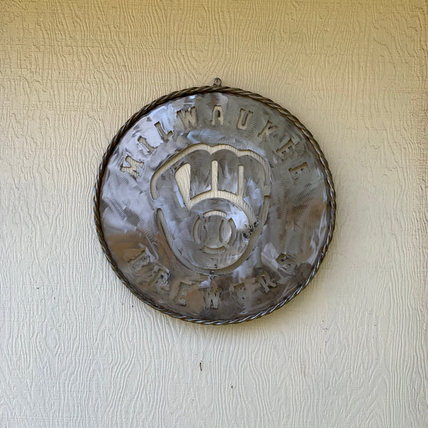24" MILWAUKEE BREWERS RAW METAL WIDE BAND DISC STYLE CUSTOM METAL VINTAGE CRAFT TEAM SIGN HANDMADE