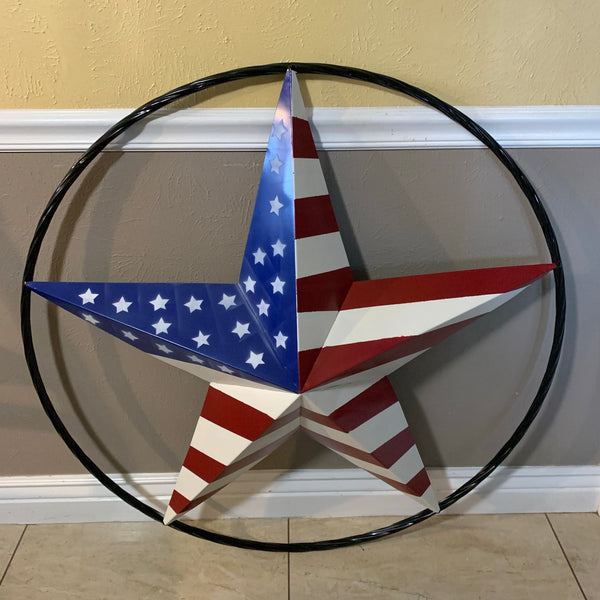 AMERICAN Flag USA Metal Barn Star RED WHITE & BLUE with Black Rope Ring Western Home Decor Handmade 12",16",24",30",34",36",40",48"