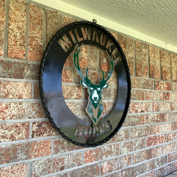 24" MILWAUKEE BUCKS WIDE BAND DISC STYLE METAL CUSTOM VINTAGE CRAFT TEAM SPORTS SIGN HANDMADE