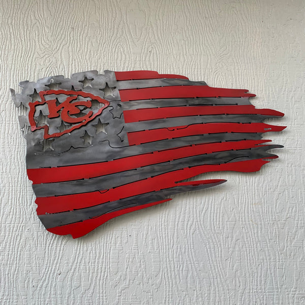 KANSAS CITY CHIEFS METAL TATTERED FLAG CUSTOM VINTAGE CRAFT WALL ART HANDMADE