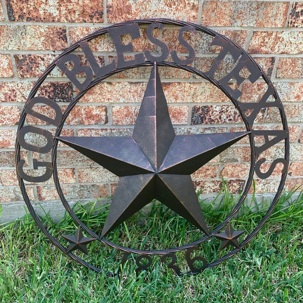 24",32" 1836 GOD BLESS TEXAS 1836 BARN METAL STAR TWISTED ROPE RING WESTERN HOME DECOR RUSTIC BRONZE NEW