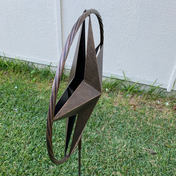 12",16",24" DOUBLE STAR ON STAKE METAL BRONZE COPPER BARN STAR WITH TWISTED ROPE RING CRAFT WESTERN HOME DECOR RUSTIC DECOR