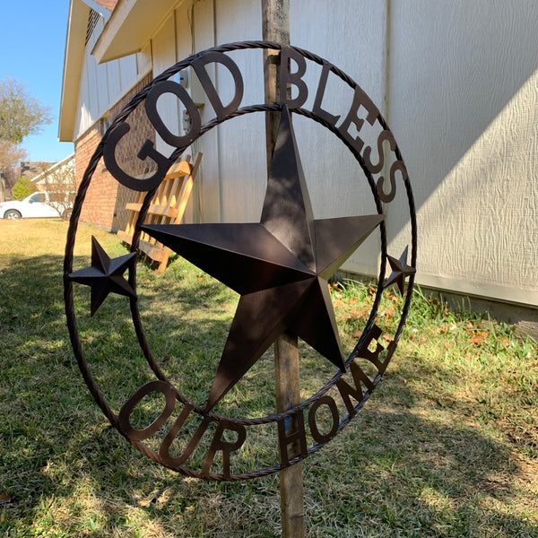 #EH11021 GOD BLESS OUR HOME BARN METAL STAR TWISTED ROPE RING WESTERN HOME DECOR HANDMADE NEW