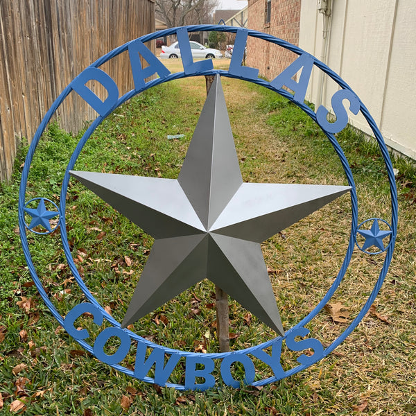DALLAS COWBOYS SILVER & LIGHT BLUE BARN STAR CUSTOM VINTAGE METAL LONE STAR ART WESTERN HOME DECOR SIZE:24",32",36",40",42",44",46",50"