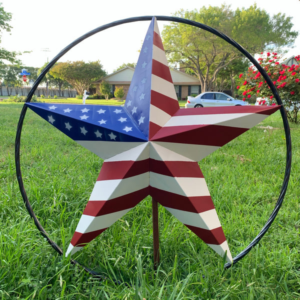 AMERICAN Flag USA Metal Barn Star RED WHITE & BLUE with Black Rope Ring Western Home Decor Handmade 12",16",24",30",34",36",40",48"